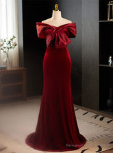 Burgundy Mermaid Velvet Off the Shoulder Pleats Prom Dress